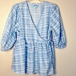 FUTURE COLLECTIVE Plaid Gingham SemiSheer Wrap Top Puff Sleeve L Waist Ties Blue